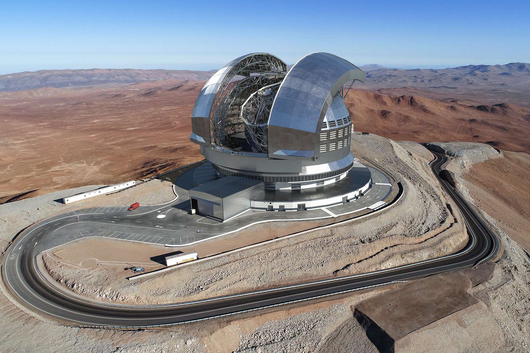 The Extremely Large Telescope (ELT) will sit on top of Cerro Armazones, approximately 3046 metres high in Chile’s Atacama Desert, surrounded by breathtaking views of the plains below. This image (an artistic rendering) shows how the telescope will look like on top of the mountain. The levelling of the summit of Cerro Armazones, in preparation for the construction of the ELT, was completed in 2015.
