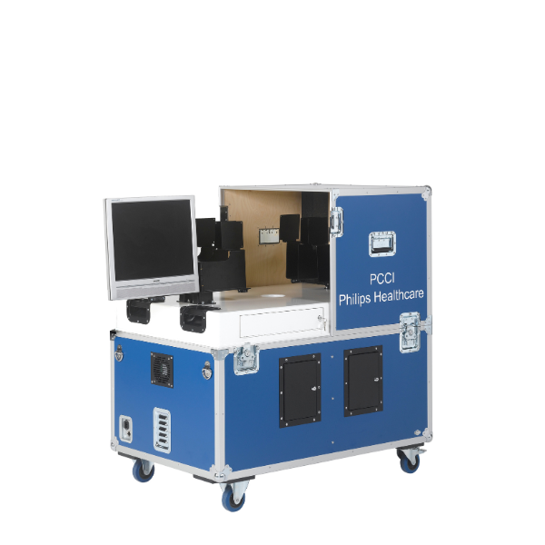 Medische flightcase van Philips Healthcare met monitor en apparatuur op wielen