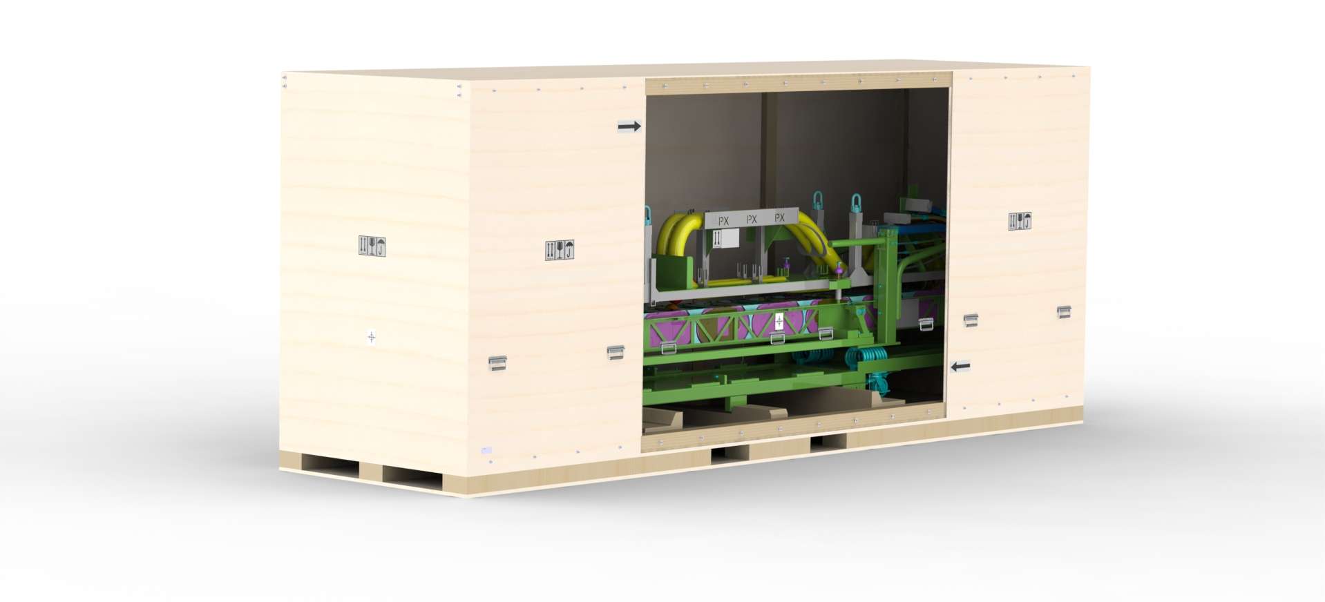Render van een op maat gemaakte houten kist van Faes, waarin een complexe semiconductor assemblage zichtbaar is. De kist biedt een stevige en veilige oplossing voor het transport van grote en gevoelige componenten, met extra bevestigingspunten en duidelijke labels voor eenvoudige handling. Ideaal voor de halfgeleiderindustrie, ontworpen om bescherming en stabiliteit tijdens transport te garanderen.