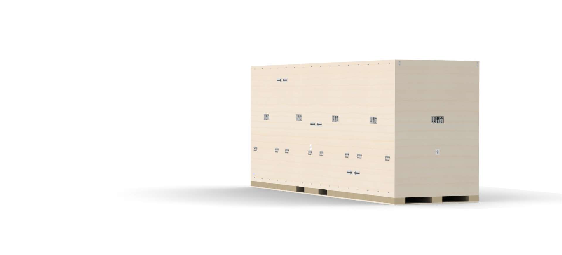 Render van een volledig gesloten houten maatwerk kist van Faes, ontworpen voor het veilige transport van semiconductor assemblages. De kist is voorzien van duidelijke handling markeringen en biedt stevige bescherming tegen schokken en trillingen. Ideaal voor het transport van grote, gevoelige componenten binnen de halfgeleiderindustrie.
