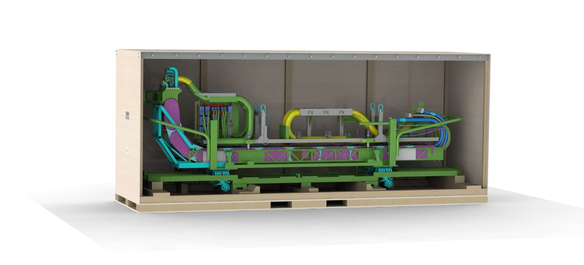 Render van een open houten maatwerk kist van Faes, met een gedetailleerde halfgeleider assemblage veilig verpakt binnenin. De kist toont de nauwkeurige pasvorm en ondersteuning voor complexe, gevoelige componenten, speciaal ontworpen om trillingen en schokken tijdens het transport te minimaliseren. Ideaal voor het veilig vervoeren van grote halfgeleiderapparatuur.