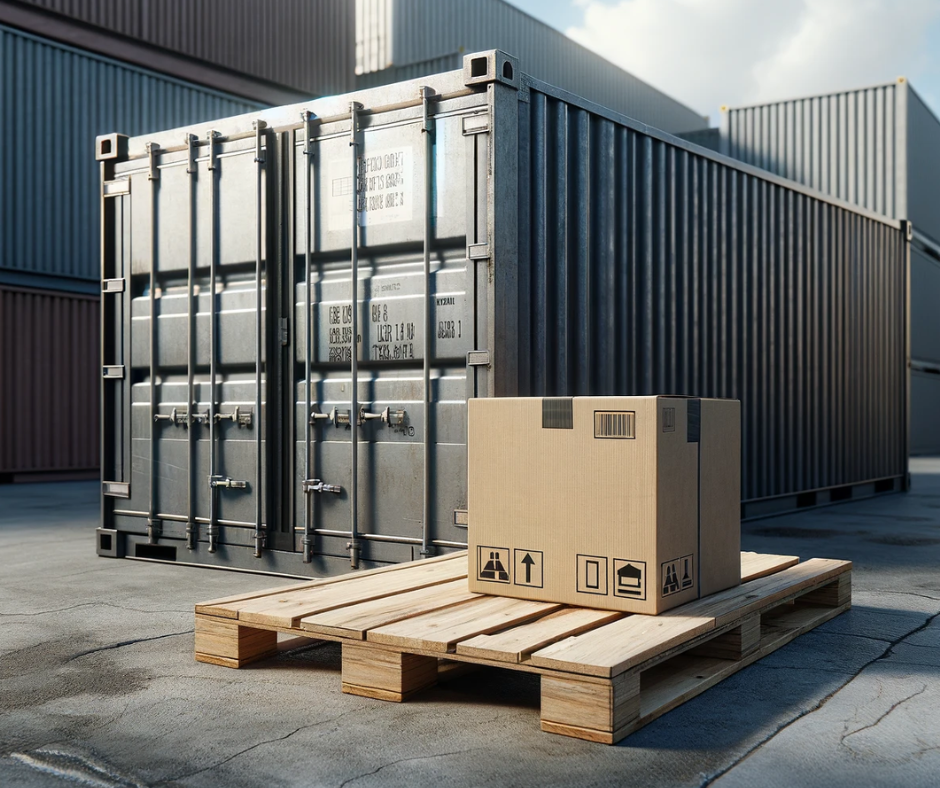 Een stevige kartonnen doos op een houten pallet, klaar voor verlading, met een metalen container op de achtergrond op een opslagplaats.
