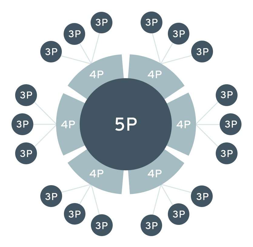 Diagram toont de integratie van 3P, 4P en 5P logistieke diensten, waarbij 4P- en 3P-diensten rond de centrale 5P-logistiek zijn gerangschikt